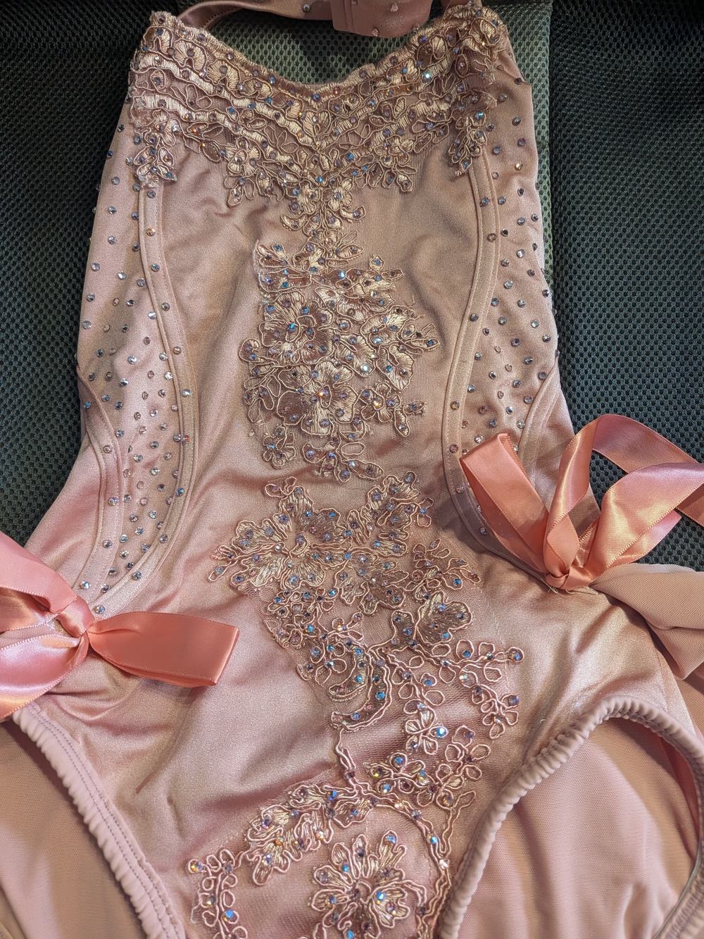 Dance costume- Embellished Pink Satin Bodysuit with Ribbon Ties.
